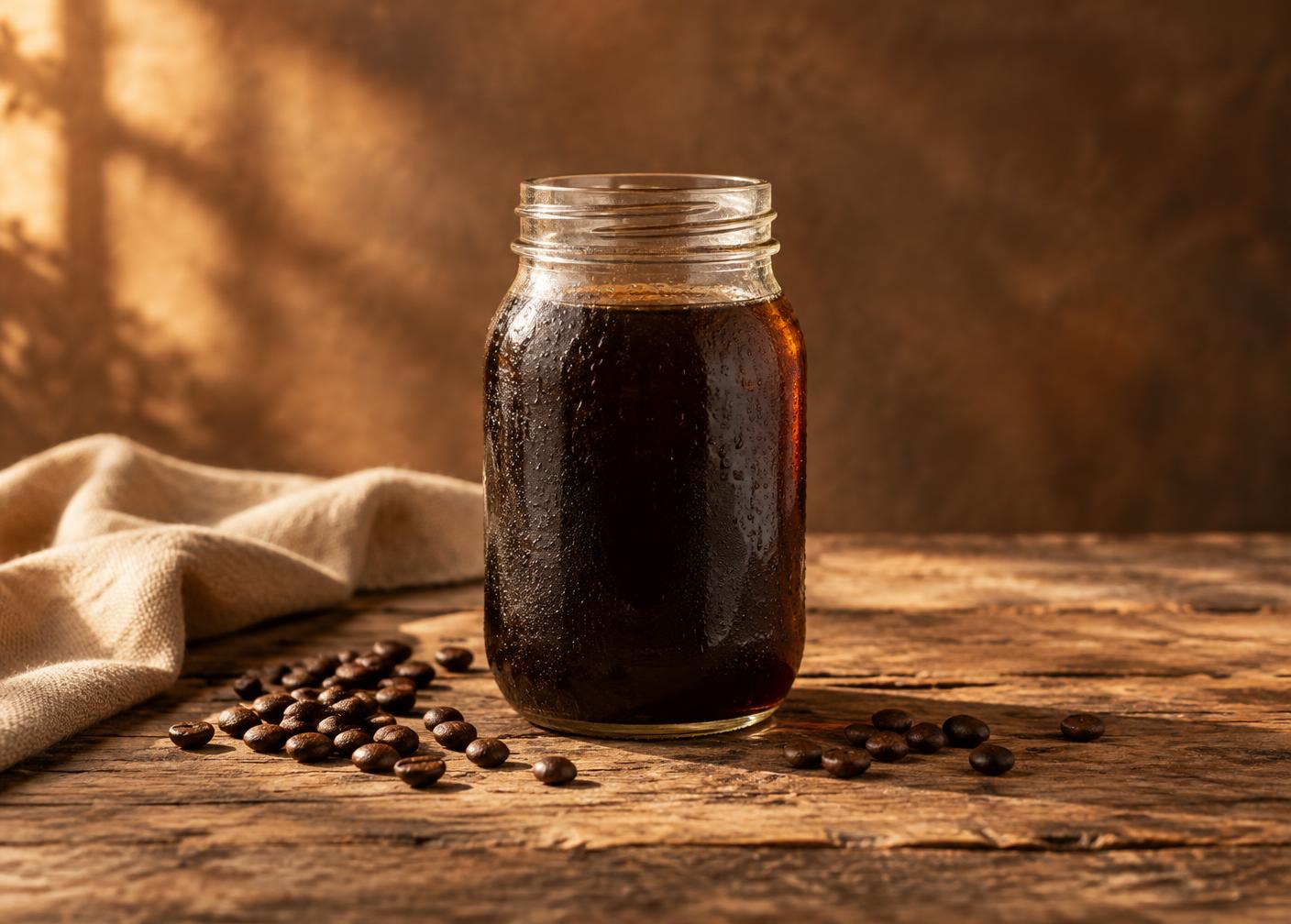 32 oz of black cold brew concentrate in a glass jar
