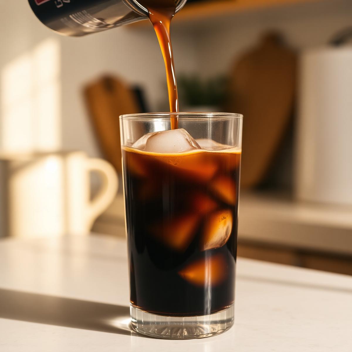 Black cold brew concentrate poured over ice in a glass