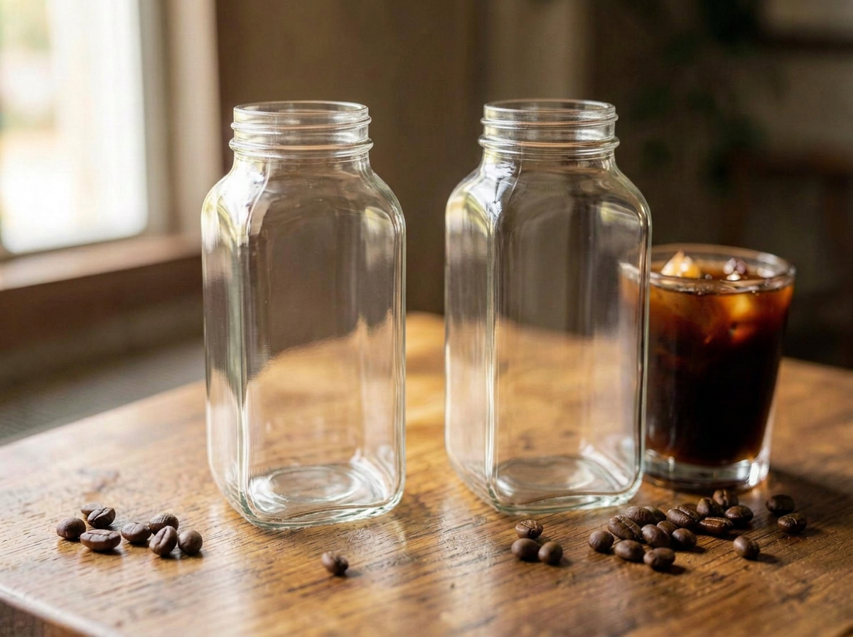 Two French square 16 oz glass jars on a wooden table beside a glass of iced cold brew and coffee beans